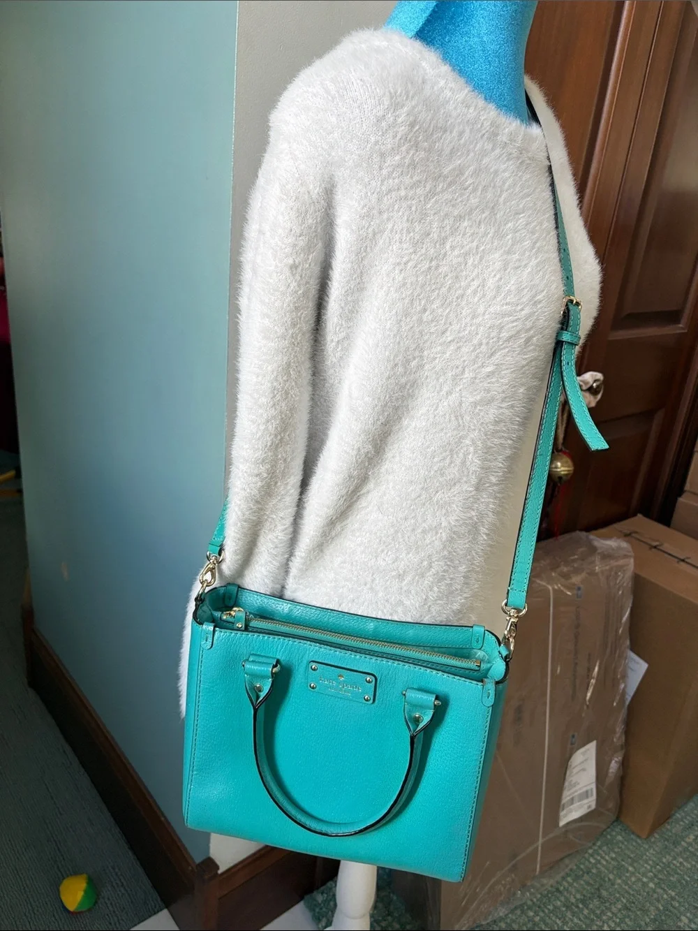 kate spade crossbody bag  satchel  Leather turquoise 3 compartment  gold tone